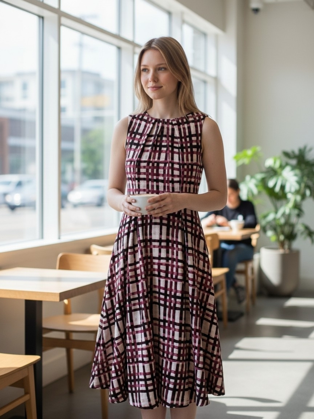 Elle Burgundy and Cream Plaid Midi Dress